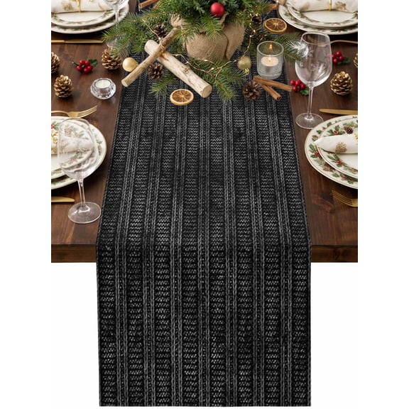 Onyx Black Table Runner 36 Inches Long, Dark Ribbed Knit Weave Fabric Texture Industrial Cotton Linen Dining Table Runner Dresser Scarves for Home Kitchen Party Decor 13"x36"