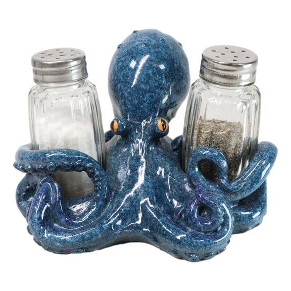 Onyx Blue Nautical Marine Cephalopod Octopus Salt Pepper Shakers Holder Set