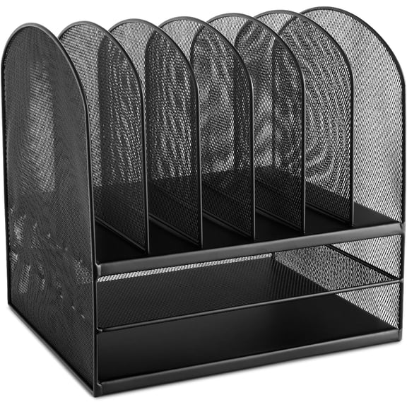 Onyx Desk Organizer, 6 Vertical Compartments and 2 Trays, Office and Classroom Mailbox , Paper and Mail Sorter, Steel Mesh, Black