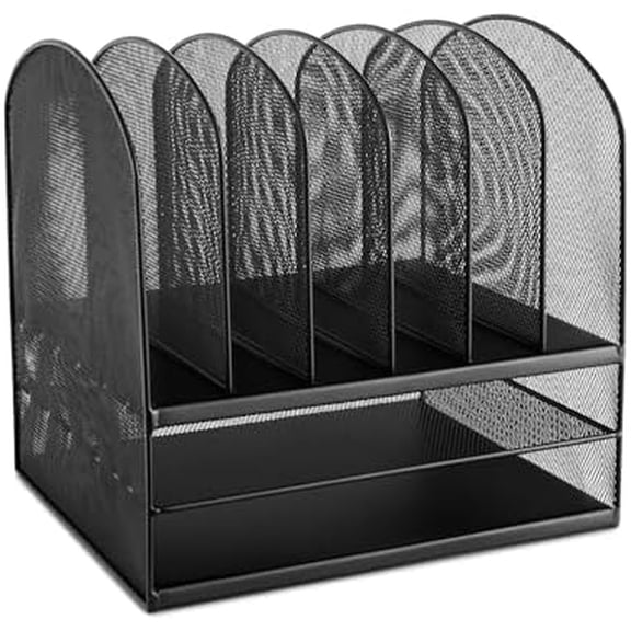 Onyx Desk Organizer, 6 Vertical Compartments and 2 Trays, Office and Classroom Mailbox , Paper and Mail Sorter, Steel Mesh, Black
