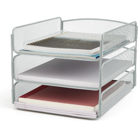 Onyx Desktop Organizer, 3-Tier Paper Tray, Durable Steel Mesh Construction,Silver