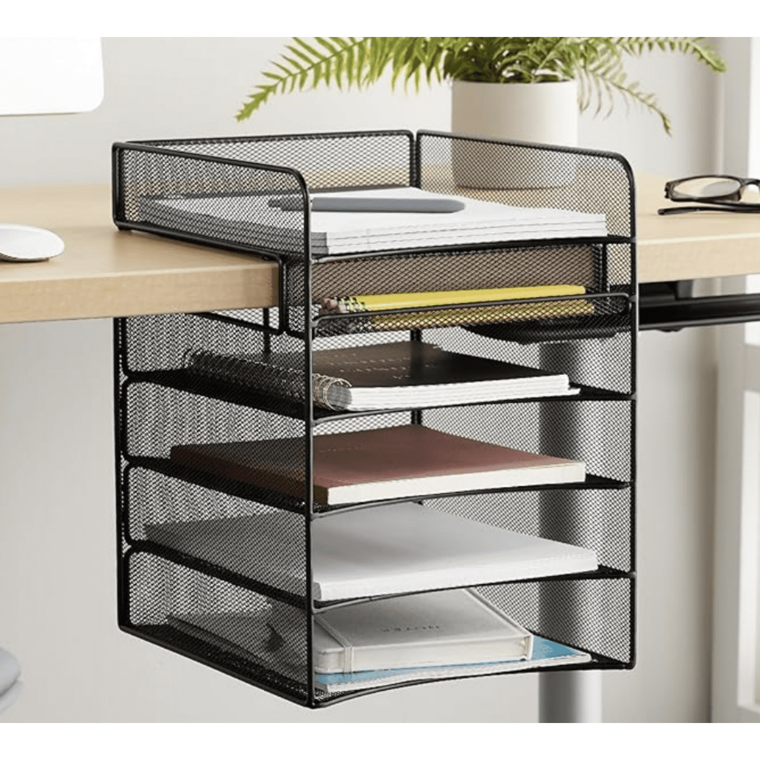 Onyx Hanging Under Desk Organizer, 5 Trays, Office and Classroom Mailbox , Paper and Mail Sorter, Steel Mesh, Black