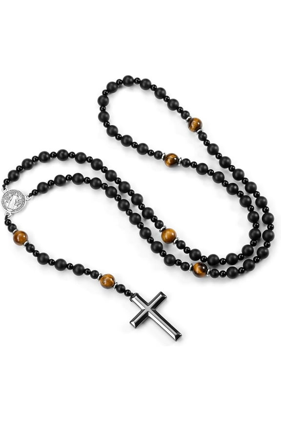 Onyx Hematite and Tiger Eye Beaded Necklace Rose Rosary Triple Protection Religious Jewelry Catholic Gifts