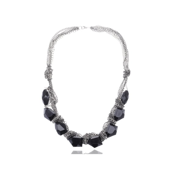 Onyx Inspired High Shine Stones Clustered Style Silver Toned Chain Necklace