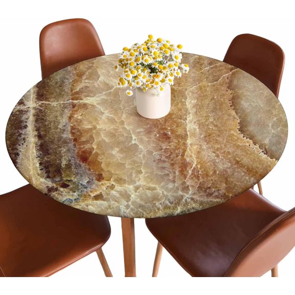 Onyx Marble Round Tablecloth Elastic Edged Brown Washable Reusable Tablecloths for Kitchen Picnic Party 40-44 inch