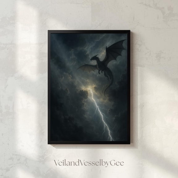 Onyx Storm Dragon Print, Stormborn Dragon Over Lightning Sky, Gothic Fantasy Wall Decor&nbsp; 24X36&nbsp; &nbsp;UNFRAMED