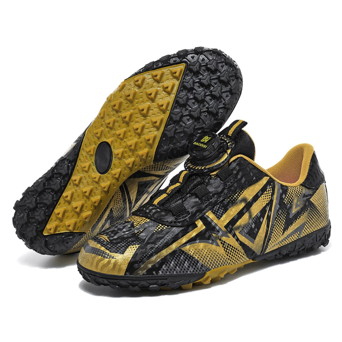 Kids Soccer Shoes TF Cleats No-Tie Twist Lock Closure Boys Girls | Gold TF, 1 Big Kid