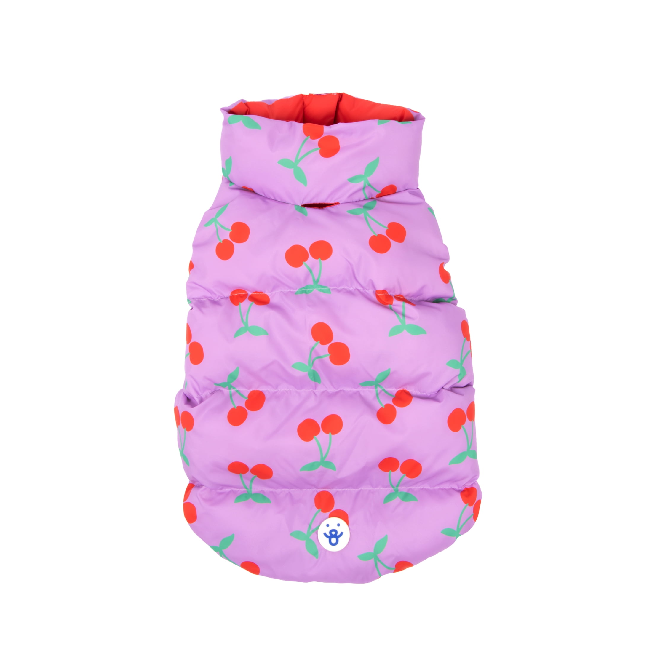 Oodles Cherry Print Quilted Puffer Fall Dog Jacket, Purple, Small