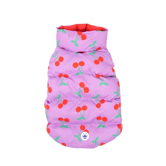 Oodles Cherry Print Quilted Puffer Fall Dog Jacket, Purple, XS