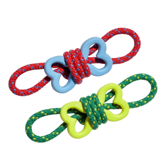 Oodles Durable Rubber Bone Wrapped Rope Dog Toy Set, Red and Green, Large