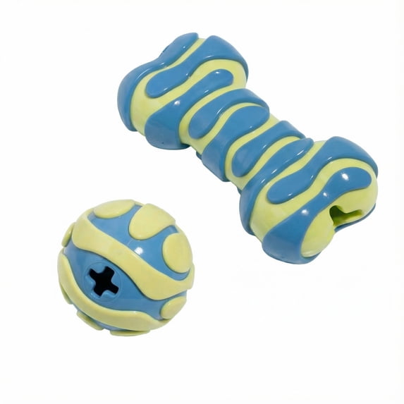 Oodles Durable Textured Rubber Ball and Bone Dog Toy Set, Blue, One Size