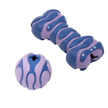 Oodles Durable Textured Rubber Ball and Bone Dog Toy Set, Purple, One Size