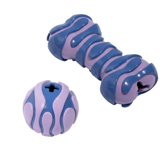 Oodles Durable Textured Rubber Ball and Bone Dog Toy Set, Purple, One Size
