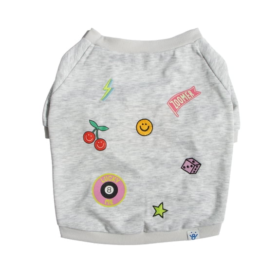 Oodles Gray Retro Patches Spring Dog Sweatshirt, Medium