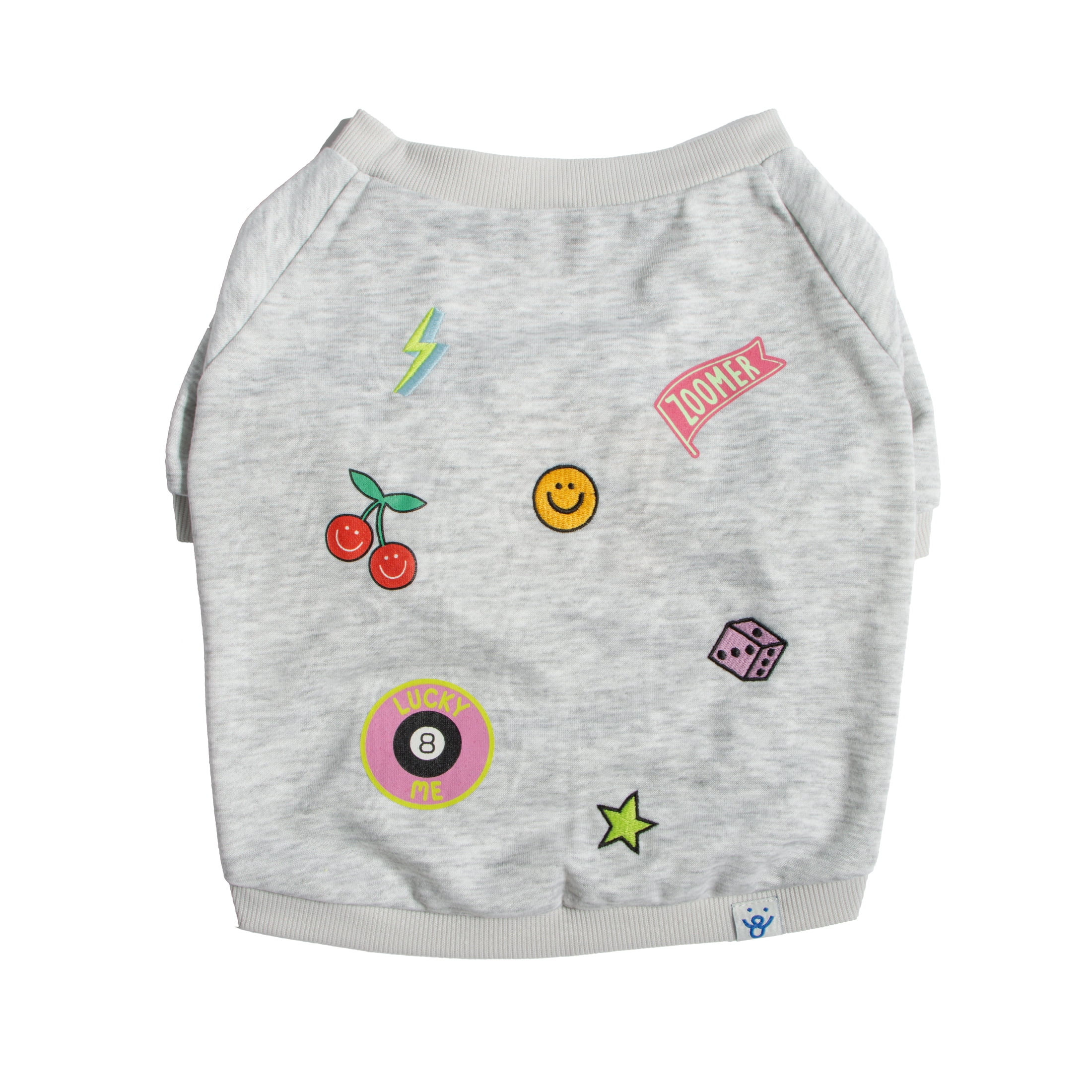 Oodles Gray Retro Patches Spring Dog Sweatshirt, Small