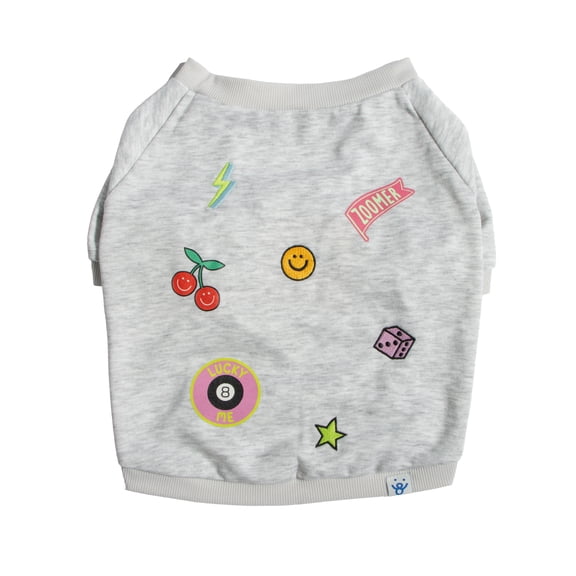 Oodles Gray Retro Patches Spring Dog Sweatshirt, Extra Large