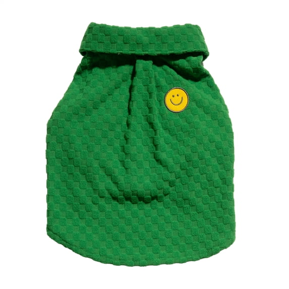 Oodles Green Smiley Face Boxy Button-Up Checkered Spring Dog T-Shirt, Medium