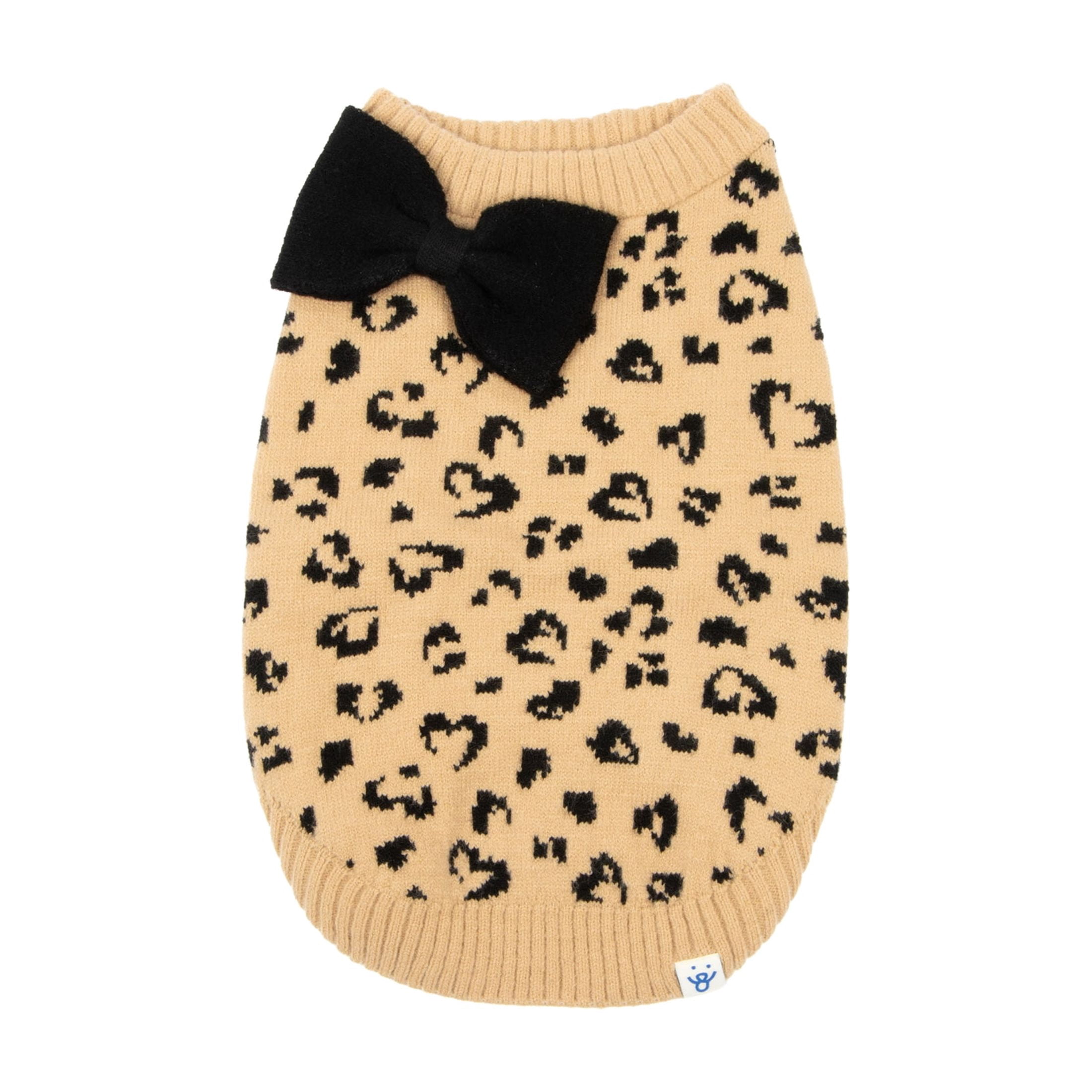 Oodles Leopard Print Bow Fall Dog Sweater, Tan, Small