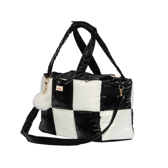 Oodles Quilted Soft-Sided Pet Carrier Bag with Zipper and Pom Charm, Multicolor, 13 lb Limit