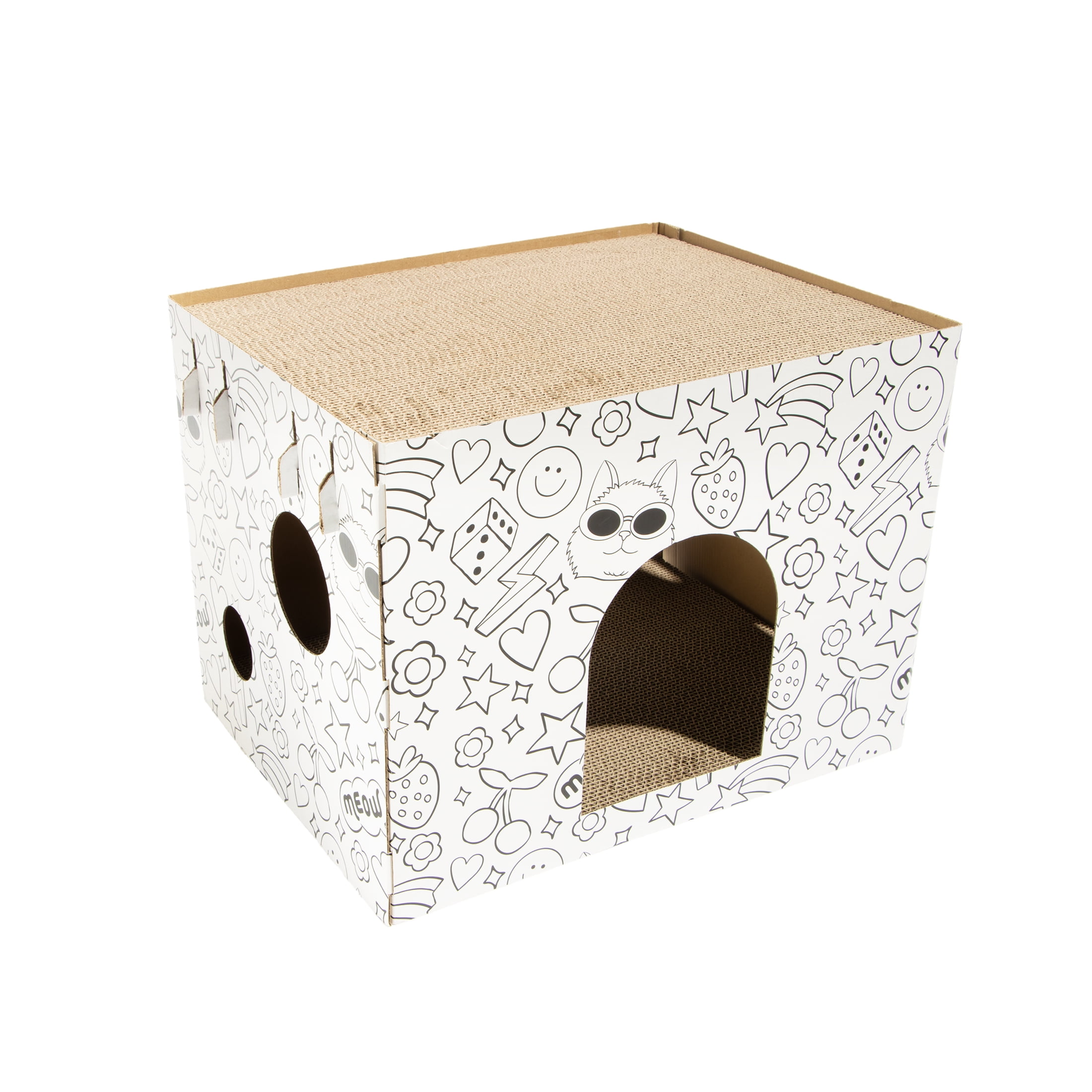Oodles Customizable Doodle 1-Story Indoor Cardboard Cat Scratcher House with Durable Corrugated Scratching Pads, Multicolored, One Size
