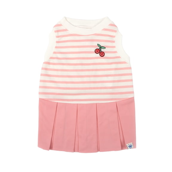 Oodles Pink Striped Cherries Pleated Tennis Spring Dog Dress, Small
