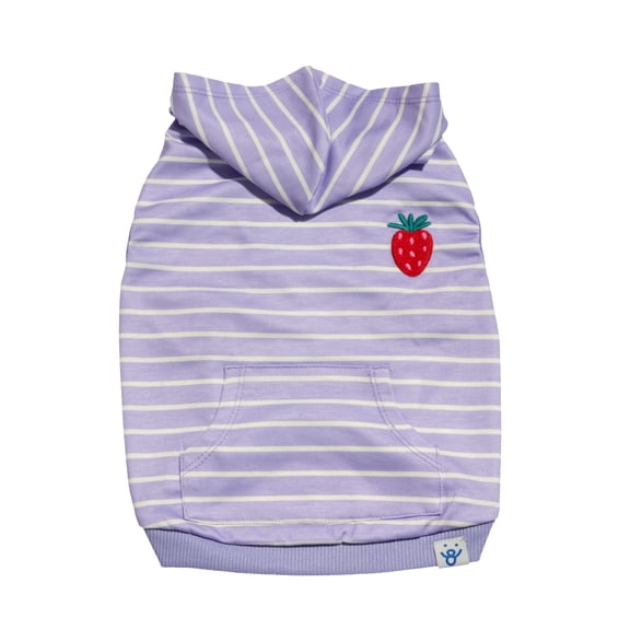 Oodles Purple Strawberry Striped Knit Bubble Hem Spring Dog Hoodie, Small