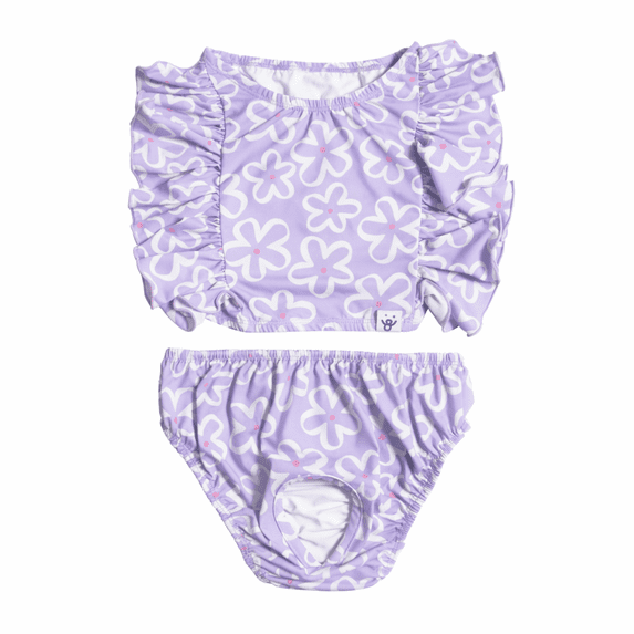 Oodles Purple Tropical Floral Ruffled Spring 2-Piece Dog Bikini, XS