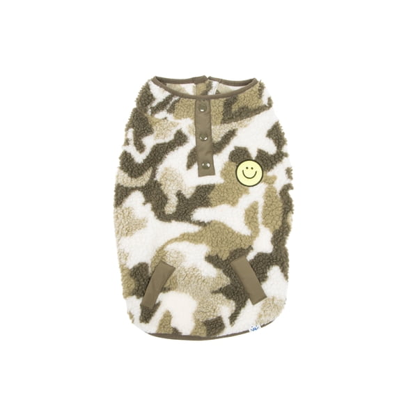 Oodles Smiley Face Fall Camo Sherpa Dog Jacket, Green, Small