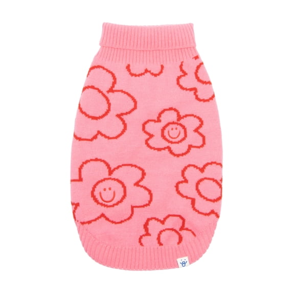 Oodles Smiling Daisies Fall Turtle Neck Dog Sweater, Pink, Large