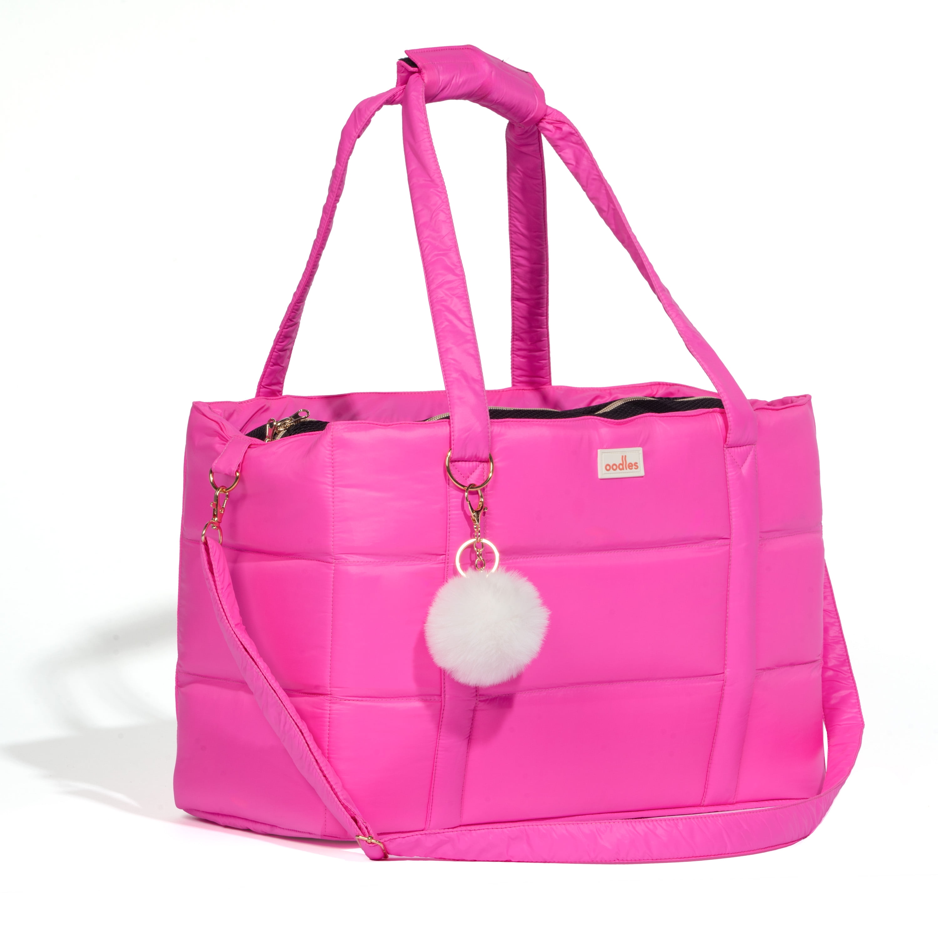 Oodles Solid Pink Quilted Zippered Soft Sided Pet Carrier Bag with Pom Charm, 13 lb Limit