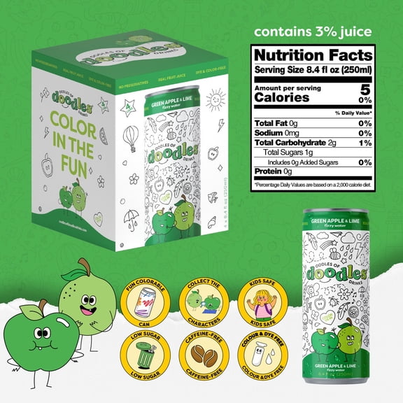 Oodles Of Doodles Sparkling Water Green Apple & Lime Kids Drink, No Added Sugar 4 Count 8.4 fl oz