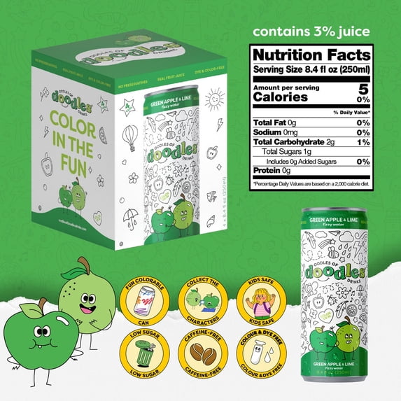 Oodles of Doodles Kids' Green Apple & Lime Sparkling Water, Color on The Can, 8.4 fl oz, 4 Cans
