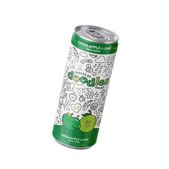 Oodles Of Doodles Kids' Green Apple & Lime Sparkling Water, Color on the Can, Decaffeinated, No Added Sugar, 4 Cans, 8.4 fl oz