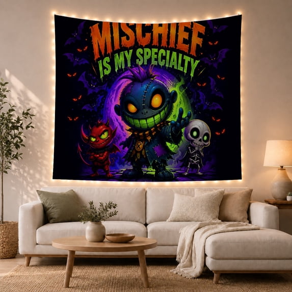 Oogie Boogie Figure with Orange Eyes in a Neon-Lit Scene, Playful Illustration for Nightmare Fans, Eerie Halloween Decor Art, Halloween Gift, Tapestry Wall Hanging for Bedroom and Living Room