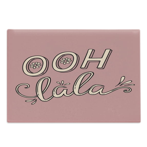 Ooh La La Cutting Board, Floral Vintage Layout with Typography Feminine and Styling, Decorative Tempered Glass Cutting and Serving Board, in 3 Sizes, by Ambesonne