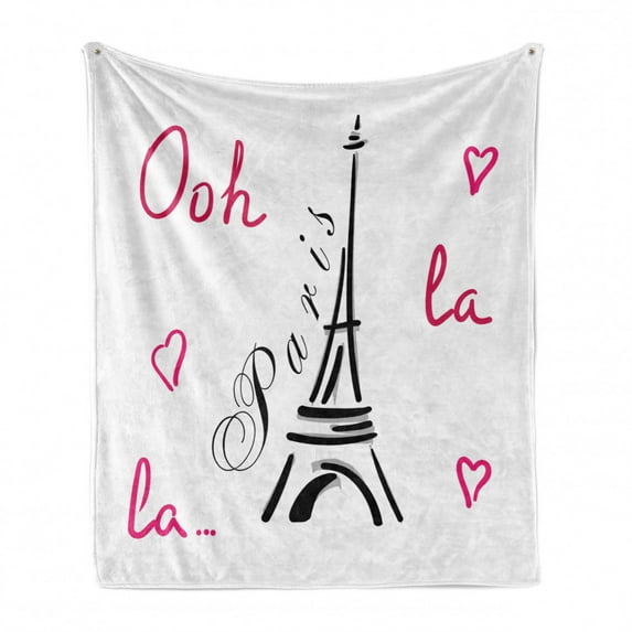 Ooh La La Soft Flannel Fleece Blanket, Eiffel Tower Doodle with Heart Motifs and Lettering Paris French Theme, Cozy Plush for Indoor and Outdoor Use, 50" x 60", Magenta Charcoal Grey, by Ambesonne