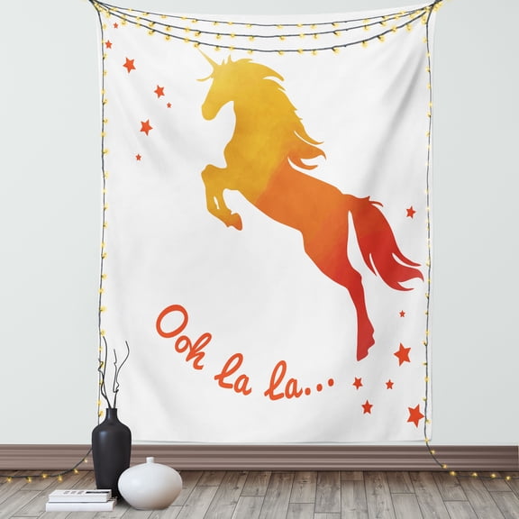 Ooh La La Tapestry, Unicorn on a Jump Silhouette in Ombre Effect Tangerine Tones, Wall Hanging for Bedroom Living Room Dorm Decor, 40W X 60L Inches, Earth Yellow Vermillion, by Ambesonne