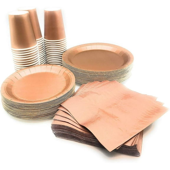 Oojami Serves 50 Complete Party Pack AFN1Disposable 9" Dinner Paper Plates 7" Dessert Paper Plates 9 oz Cups 3 Ply Napkins office parties, Birthday parties, festivals (Gold)