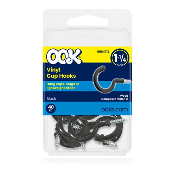 Ook Cup Hooks, 1-1/4", 1 lbs, Screw Hooks, Steel, Black Vinyl, 40 pack