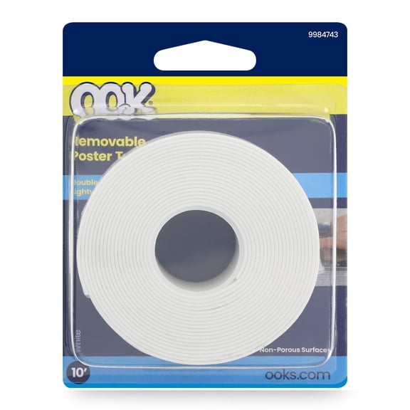 Ook Double Sided Removable Poster Tape, 10 ft, 1 lb, Rubber Adhesive, White, 1 roll