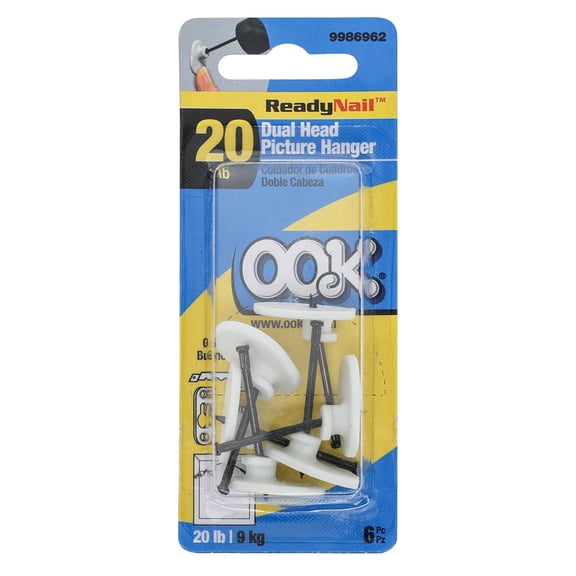 Ook Dual Head Picture Hanger, ReadyNail 20 lbs, Steel, White, for Drywall, Plaster and Wood, 6 pack