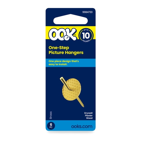 Ook One-Step Picture Hanger, Push Pin, 10 lbs, Steel, Brass, Gold, 6 pack