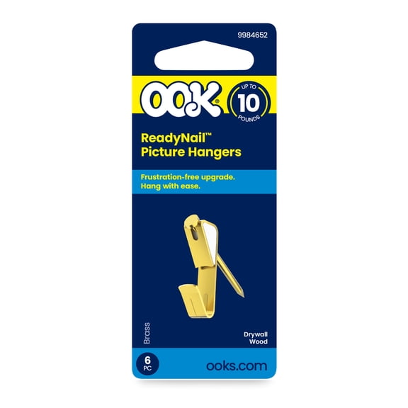 Ook Picture Hangers, ReadyNail, 10 lbs, for Drywall and Wood, Steel, Brass Finish, Gold, 6 pack