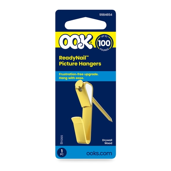 Ook Picture Hangers, ReadyNail, 100 lbs, for Drywall and Wood, Steel, Brass Finish, Gold, 1 pack