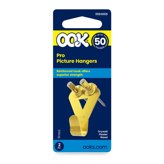Ook Professional Picture Hangers, 50 lbs, Steel, for Drywall Plaster Wood, Brass, Gold, 2 pack