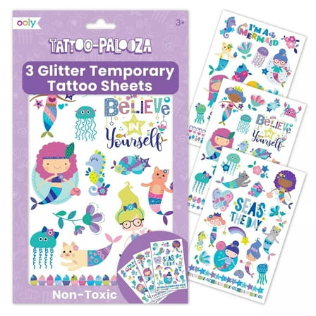 Ooly Tattoo-Palooza Temporary Tattoo Sticker Set for Kids 4-8, Mermaid, 50 ct