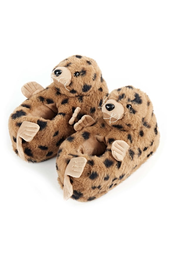 Kids Funny Animal Fuzzy House Slipper with Grippers for Boys & Girls, Cute Plush Indoor Non-Slip Shoes, Atlas the Harbor Seal, Size 1-5