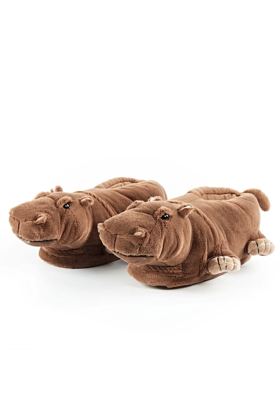 Kids Funny Animal Fuzzy House Slipper with Grippers for Boys & Girls, Cute Plush Indoor Non-Slip Shoes, Bubbles the Hippo, Size 1-5