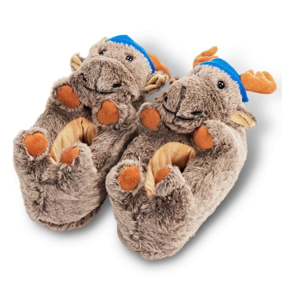 Oooh Geez Kids Funny Animal Fuzzy House Slipper with Grippers for Boys & Girls, Cute Plush Indoor Non-Slip Shoes, Dash the Moose, Size 1-5