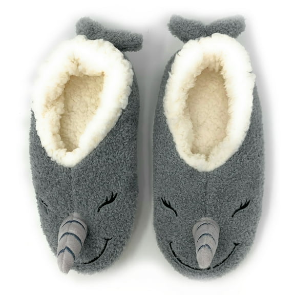 Oooh Geez Women's Cozy Fuzzy Sherpa Slippers, Funny 3D Animal House Slippers, Narwhal, L